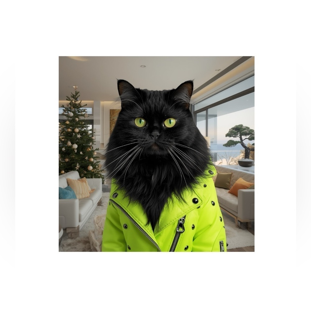 HANDCRAFTED digital art wall art Vibrant cat in a festive space